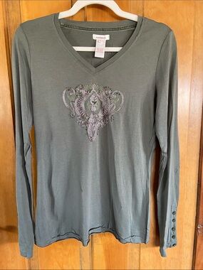 Sundance Olive V-Neck Long Sleeve Top with Embroidered Bead Medallion